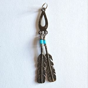 Vintage Sterling Silver pendant feathers blue .925 Southwestern boho